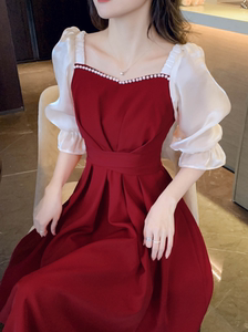 Joirre春秋法式雪纺假两件连衣裙女高级感气质半袖红色收腰小礼服
