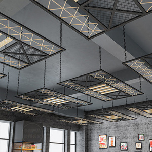 餐厅工业风铁网麻绳吊顶创意酒吧天花板铁艺木条复古简约装饰定做