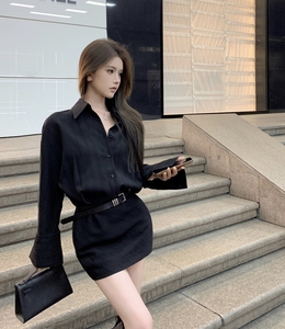 黑色长袖衬衫连衣裙女春季2024新款气质衬衣裙子腰带收腰包臀短裙