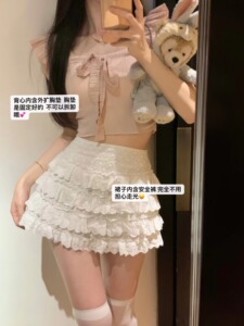 白色蕾丝半身裙女夏季防走光裙裤小个子a字短裙高腰蓬蓬蛋糕裙子