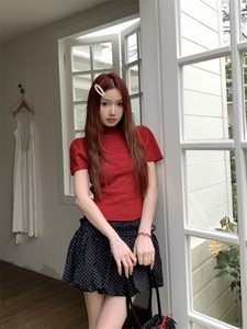 红色半高领短袖正肩针织衫女夏季韩系chic别致修身短款泡泡袖上衣