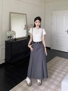 韩版通勤灰色百褶西装裙女夏季高腰长裙到脚踝半身裙垂感a字裙子