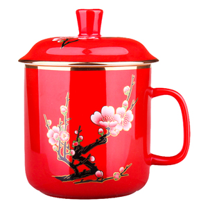 醴陵红瓷陶瓷办公杯带盖家用茶杯大容量骨瓷杯礼品定制杯