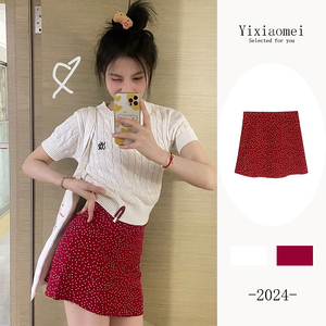 2024夏季新款韩版高腰波点A字半身裙女小个子百搭甜美红色短裙子