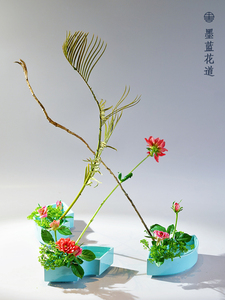 墨蓝 小原流扇形花器青瓷陶瓷花盘 自由排列花型通用花道花艺