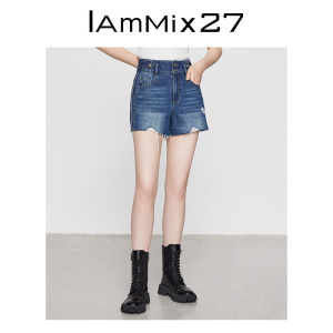 IAmMIX27春夏全棉牛仔短裤女高腰修身水洗做旧毛边破洞打底热裤女