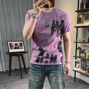 新款棉麻短袖T恤男创意墨染印花图案圆领休闲冰丝麻男士青年上衣t