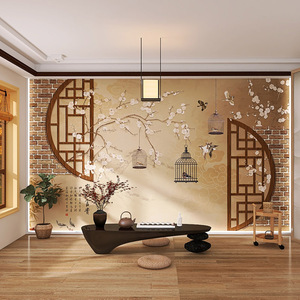 3d新中式花鸟屏风墙纸中国风砖墙复古装修客厅饭店电视背景墙壁纸
