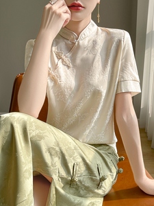 新中式盘扣短袖女真丝缎面复古提花半袖衬衣国风立领改良旗袍上衣