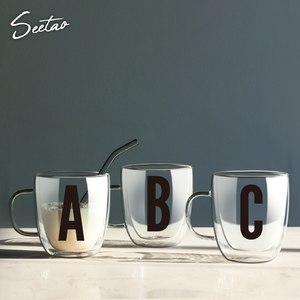 ins字母杯双层透明玻璃水杯马克杯子茶杯家用个性情侣杯子咖啡杯