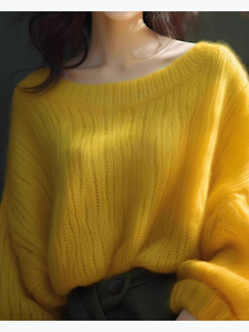 日韩外贸尾货品牌剪标女装黄色海马毛毛衣慵懒高级感超宽松上衣女