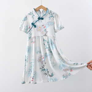 女童棉绸旗袍裙夏季薄款儿童短袖人造棉连衣裙女孩新中式国风裙子