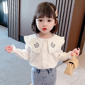 韩系女童春装卡通猫咪刺绣衬衣2024新款洋气儿童春款女宝宝白衬衫
