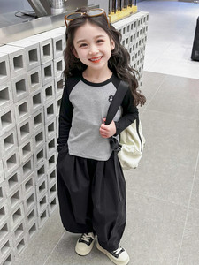 韩系女童工装套装春季2024新款儿童时髦黑色长袖T恤春装阔腿裤两
