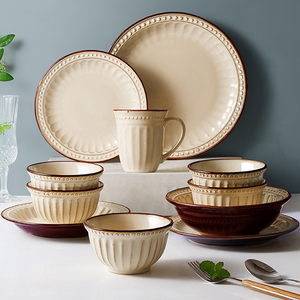 Lareey美式碗碟套装复古餐具组合家用轻奢乔迁高档欧式浮雕碗具
