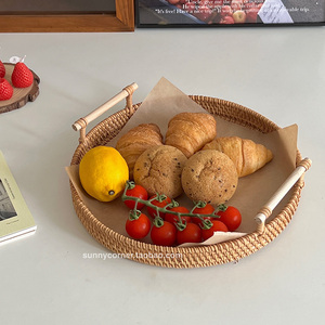 日式藤编收纳托盘手工藤条编织水果盘客厅家用餐盘果篮野餐面包篮