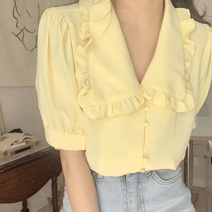黄色娃娃领衬衫女夏短袖韩国雪纺可爱木耳边翻领减龄上衣甜美夏季
