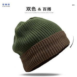 单层薄款针织帽女男同款帽子棉双色韩版美式工装帽百搭军绿毛线帽