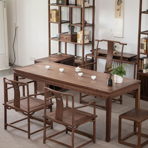 传木居新中式实木茶桌椅组合禅意明式黑胡桃木茶台办公桌茶室家具