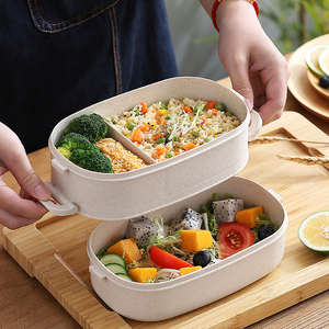小麦秸秆日式饭盒便携上班族便当盒学生可微波炉加热餐盒多格双层