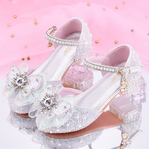儿童高跟鞋女公主舞台演出配礼服女童鞋子水晶珍珠包头白色走秀鞋