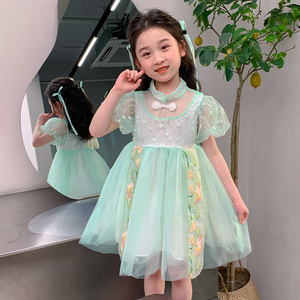 夏季女童中国风新款2024新中式民风连衣裙女宝宝洋气甜美可爱纱裙