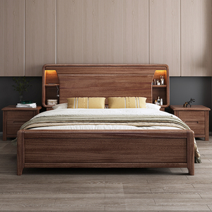 胡桃木北欧全实木床1.8米主卧双人床现代简约1.5中式高箱储物大床