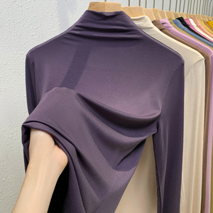 莫代尔半高领打底衫女秋冬2024新款灰紫色长袖T恤女士薄款肌底衣