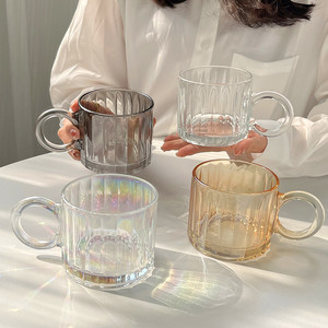 大耳朵竖条纹玻璃杯小众设计感ins风马克杯高颜值水杯咖啡牛奶杯