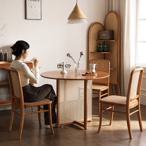 日式藤编实木餐桌新中式家用圆桌洽谈桌子小户型圆形饭桌茶几桌椅