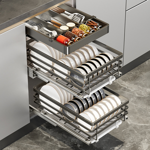 不锈钢小尺寸抽屉式双层厨房橱柜碗篮窄柜400/500柜体调味品拉篮