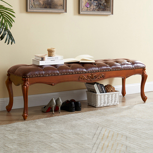 卧室实木真皮床尾凳欧式现代家用长方形换鞋凳美式轻奢简约床榻凳