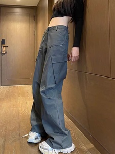 2024夏季新款灰色工装裤女美式复古直筒休闲高腰加长阔腿微喇长裤