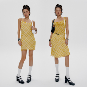 NRDR 柠檬黄格纹吊带连衣裙+鱼骨背心