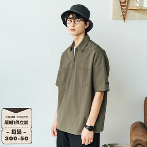 714street日系短袖工装衬衫男高级感夏季polo衫cheanfit纯色衬衫