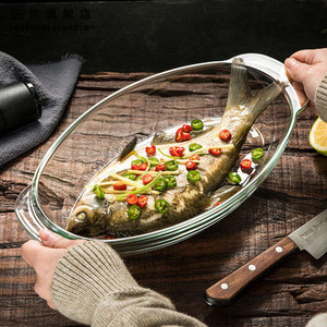 耐热钢化玻璃蒸鱼盘子带盖透明大号微波炉烤箱家用烤盘椭圆形菜盘