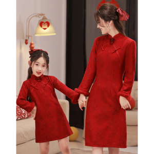 亲子装旗袍母女装复古改良中国风气质高端加绒加厚冬季保暖连衣裙
