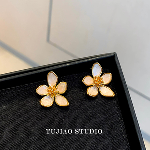 Tujiao 法式高级感花朵花蕊滴油复古vintage气质宫廷风优雅耳钉