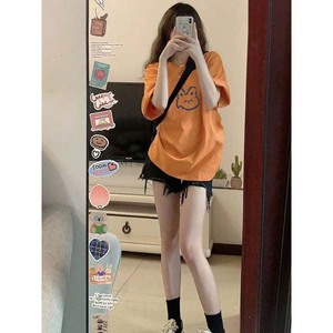 重磅纯棉短袖t恤女2024新款韩系夏季设计感小众橘色奶乖风上衣服