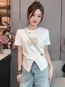 新中式刺绣盘扣国风短袖t恤女2024年夏季短款高腰开衩小众上衣潮