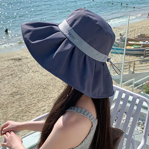 渔夫帽女防紫外线黑胶大沿遮脸太阳帽子春夏季时尚拼色防晒遮阳帽