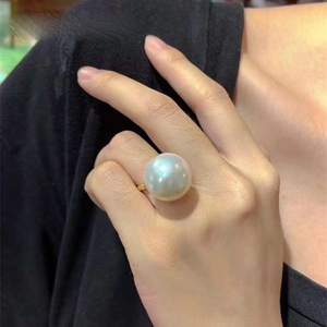 小众设计16mm贝珠大珍珠戒指女s925纯银镀金澳白指环气质生日礼物