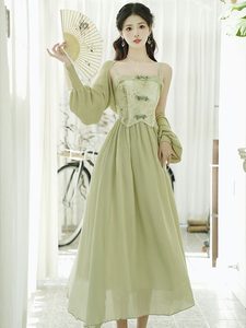 禅意清冷感印花天丝雪纺吊带连衣裙新中式女装清新淡雅绿色长裙子
