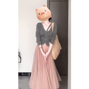 初恋清纯奶甜春季穿搭一整套针织开衫粉色网纱半身裙两件套装女款