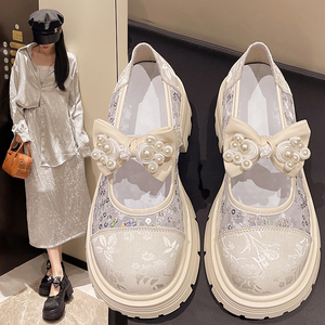 单鞋女2024新款夏季厚底蝴蝶结珍珠中式国风配裙仙气浅口玛丽珍鞋
