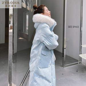 ZYRODIA 新款韩版休闲风大毛领连帽面包服中长款天蓝色棉衣外套女