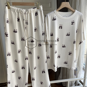 日本GP春夏莫季代尔棉睡衣女可爱动物卡通熊猫短袖长裤家居服套装