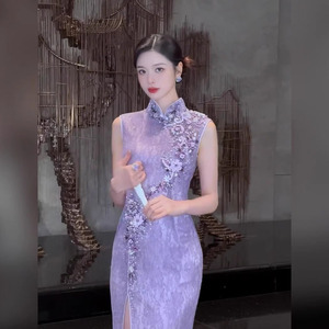 2024夏季新款新中式女装紫色改良旗袍结婚伴娘礼服长裙无袖连衣裙