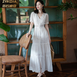 ZYRODIA 气质法式复古连衣裙高级感白色仙女长裙子显瘦沙滩裙夏季