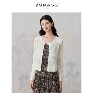 VGRASS云母白色绵羊毛混纺针织开衫轻薄女24年夏新款高级典雅罩衫